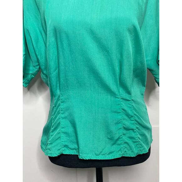 Michelle Stuart Vintage Fitted Blouse Short Sleeve Emerald Green Button Up Back - Picture 3 of 13